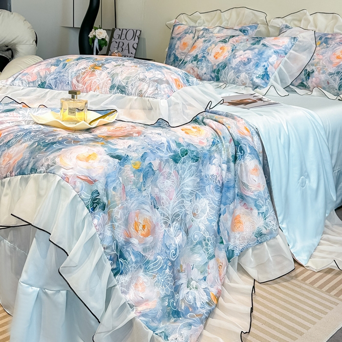 91家纺网 家纺一手货源 找家纺 凤杰家纺 2025新款玉锦缎夏被四件套 向阳花开蓝