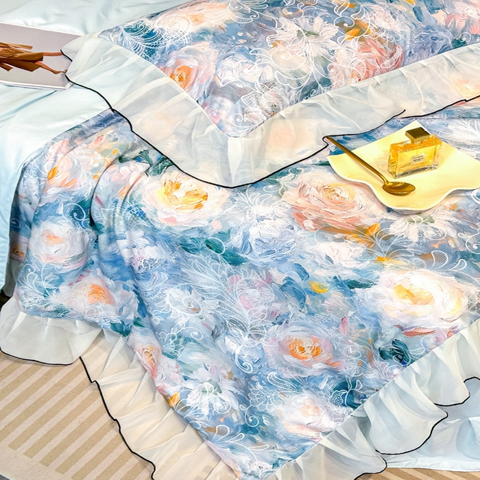 91家纺网 家纺一手货源 找家纺 凤杰家纺 2025新款玉锦缎夏被四件套 向阳花开蓝