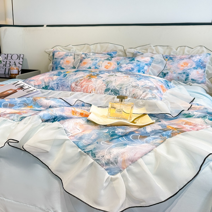 91家纺网 家纺一手货源 找家纺 凤杰家纺 2025新款玉锦缎夏被四件套 向阳花开蓝