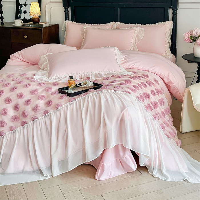 91家纺网 家纺一手货源 找家纺 庭笙 2025新款梦幻纱立体玫瑰高定款法式蕾丝边四件套-玫瑰之恋 玫瑰之恋浅粉