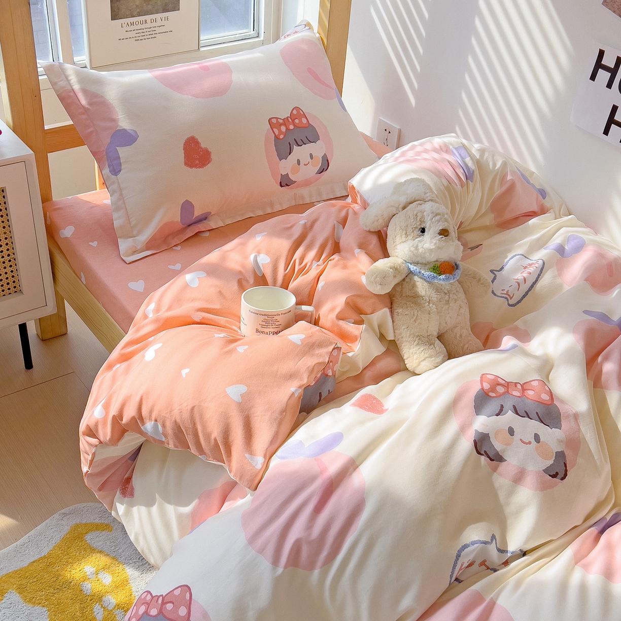 91家纺网 家纺一手货源 找家纺 依庭 2025新款全棉印花学生三件套宿舍三件套全棉三件套纯棉三件套 粉桃公主