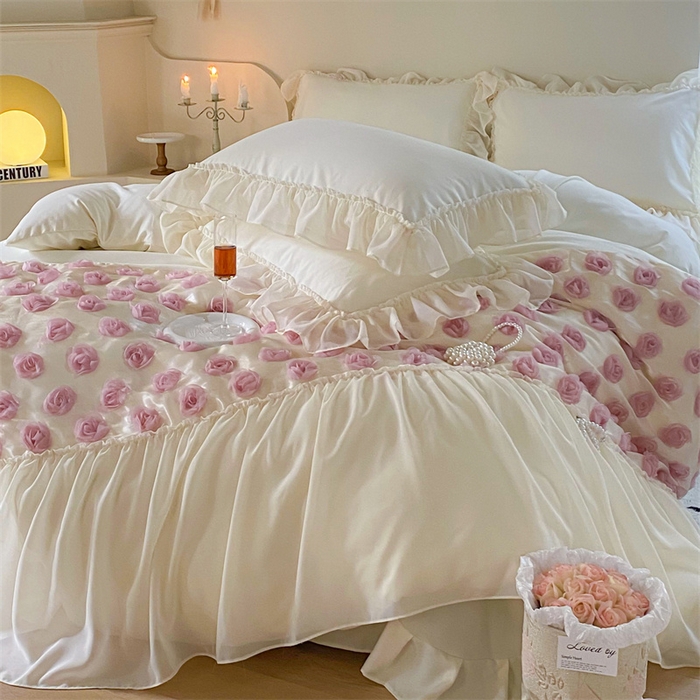 91家纺网 家纺一手货源 找家纺 庭笙 2025新款梦幻纱立体玫瑰高定款法式蕾丝边四件套-玫瑰之恋 玫瑰之恋奶油白