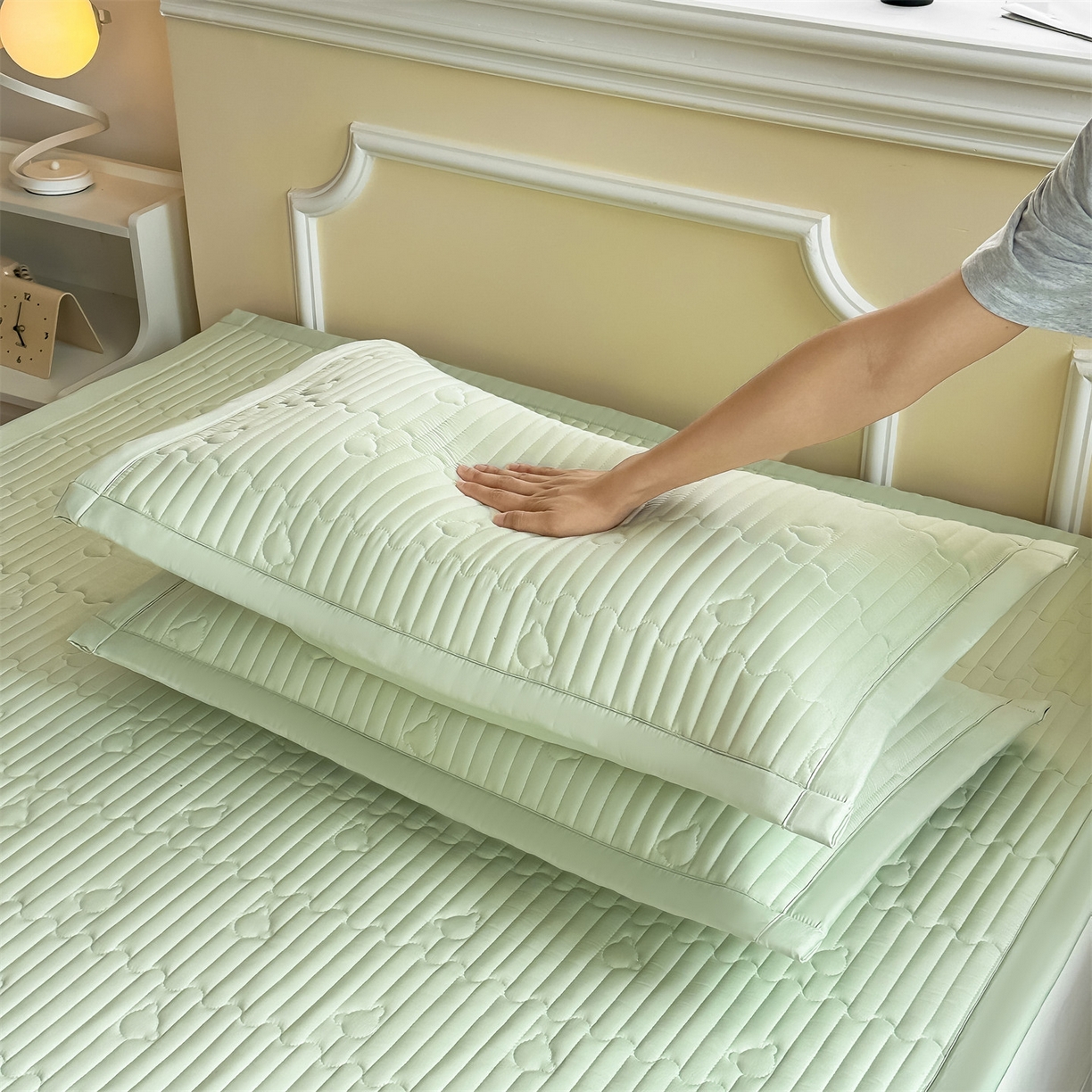 91家纺网 家纺一手货源 找家纺 雯豆家纺 2025新款加厚夹棉床褥子防滑床垫床护垫纯色素色绗缝垫子 爱心熊-床褥款清雅绿