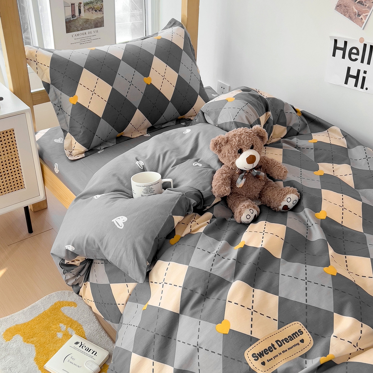 91家纺网 家纺一手货源 找家纺 依庭 2025新款全棉印花学生三件套宿舍三件套全棉三件套纯棉三件套 格韵空间