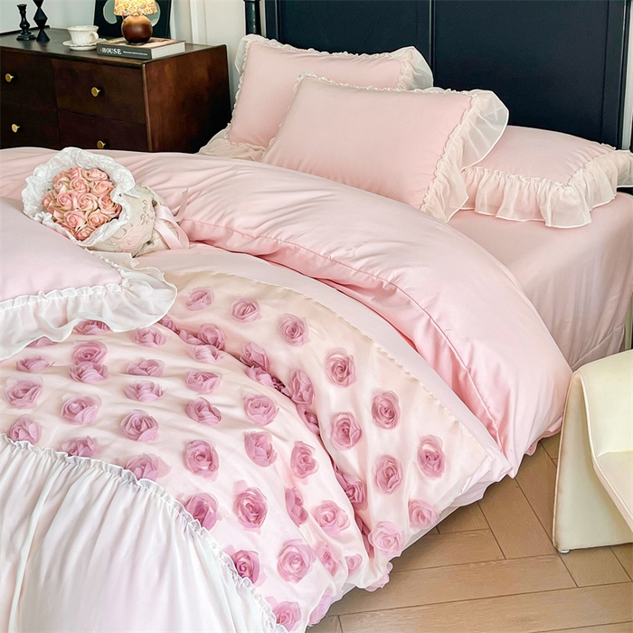 91家纺网 家纺一手货源 找家纺 庭笙 2025新款梦幻纱立体玫瑰高定款法式蕾丝边四件套-玫瑰之恋 玫瑰之恋浅粉