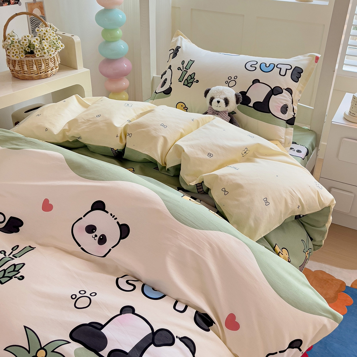 91家纺网 家纺一手货源 找家纺 依庭 2025新款全棉印花学生三件套宿舍三件套全棉三件套纯棉三件套 熊猫溪水