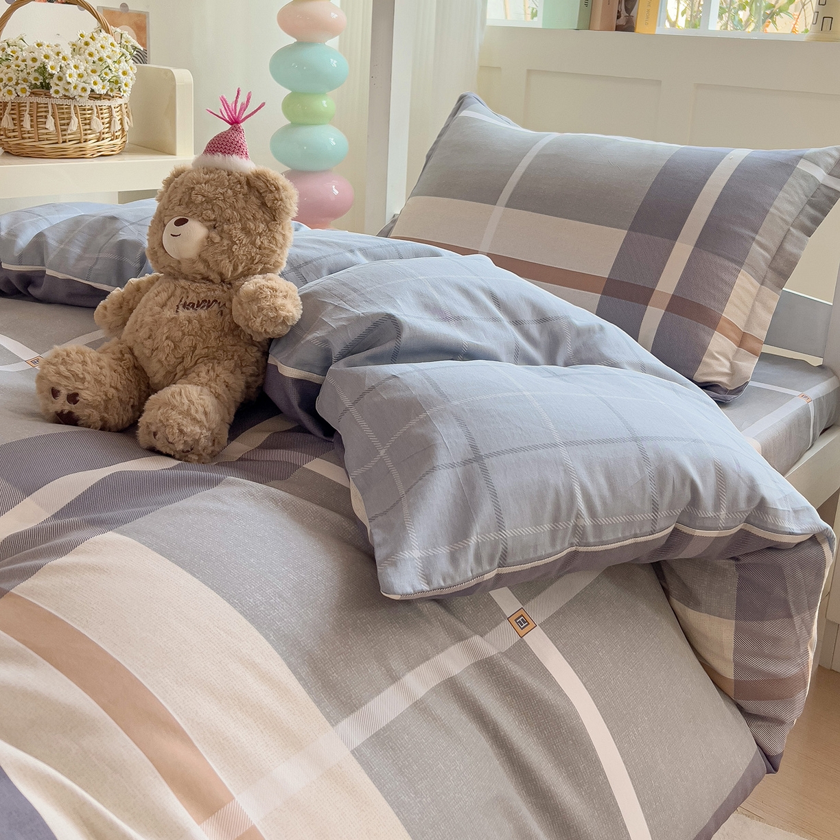 91家纺网 家纺一手货源 找家纺 依庭 2025新款全棉印花学生三件套宿舍三件套全棉三件套纯棉三件套 格纹速写