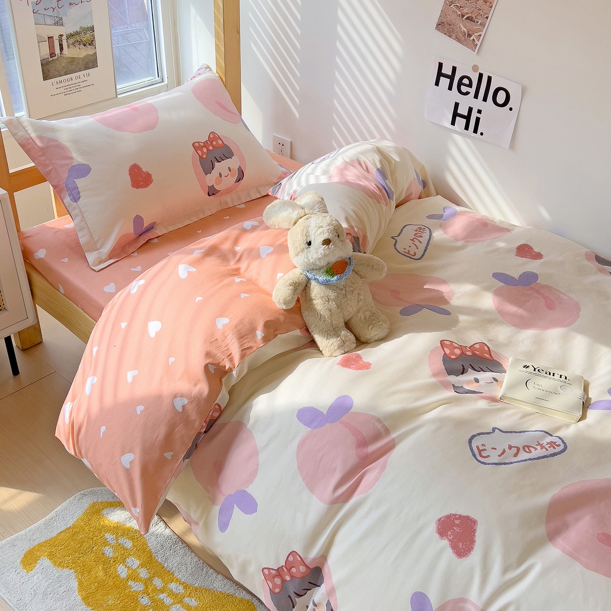 91家纺网 家纺一手货源 找家纺 依庭 2025新款全棉印花学生三件套宿舍三件套全棉三件套纯棉三件套 粉桃公主