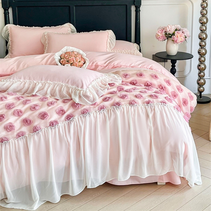 91家纺网 家纺一手货源 找家纺 （总）庭笙 2025新款梦幻纱立体玫瑰高定款法式蕾丝边四件套-玫瑰之恋