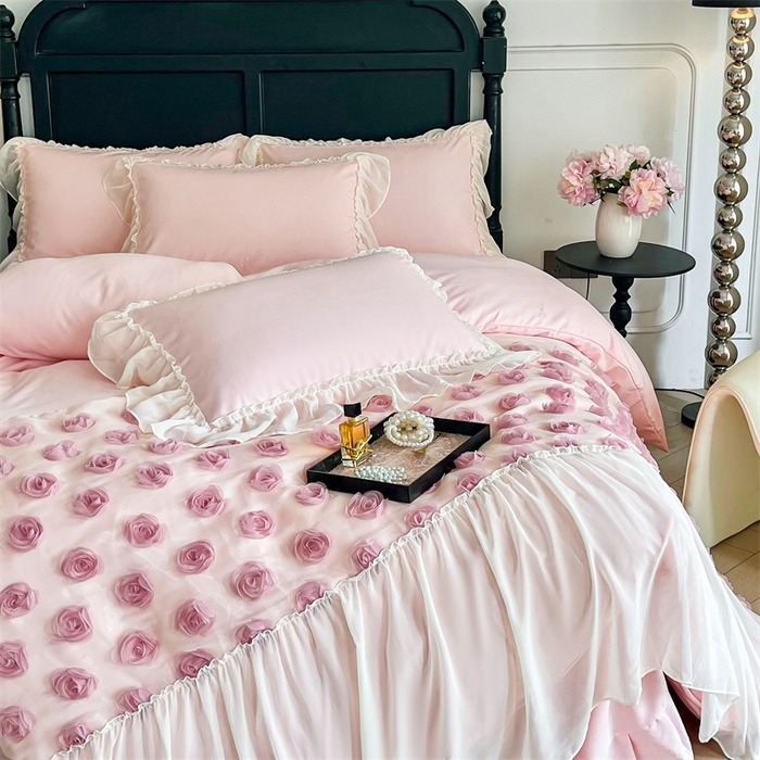 91家纺网 家纺一手货源 找家纺 （总）庭笙 2025新款梦幻纱立体玫瑰高定款法式蕾丝边四件套-玫瑰之恋