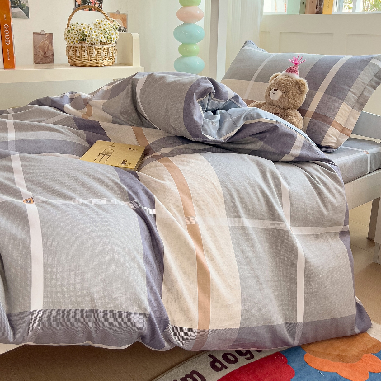 91家纺网 家纺一手货源 找家纺 依庭 2025新款全棉印花学生三件套宿舍三件套全棉三件套纯棉三件套 格纹速写