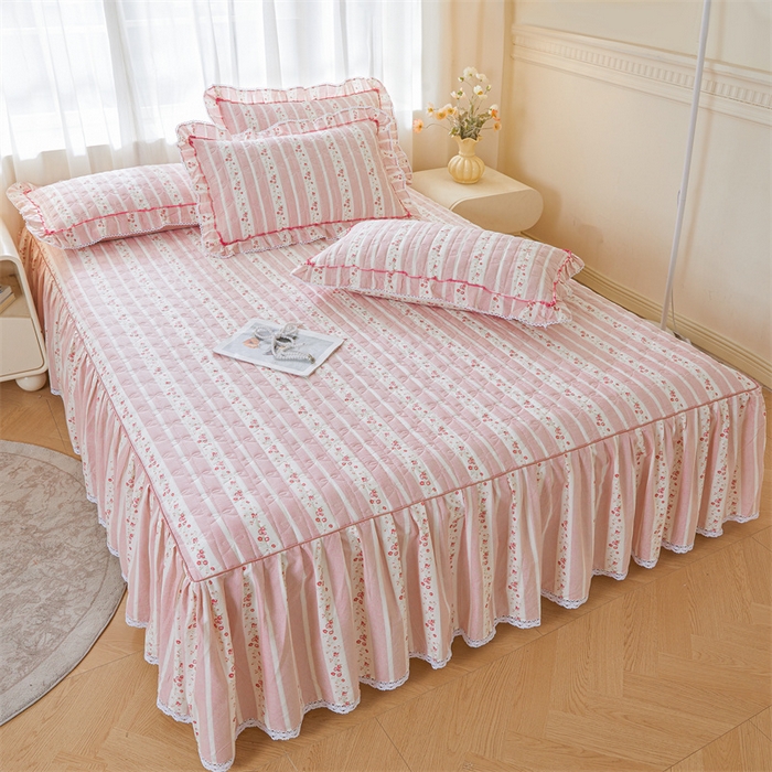 91家纺网 家纺一手货源 找家纺 缦彩 2025新款全棉纯棉夹棉公主风花边床裙四件套 多丽粉