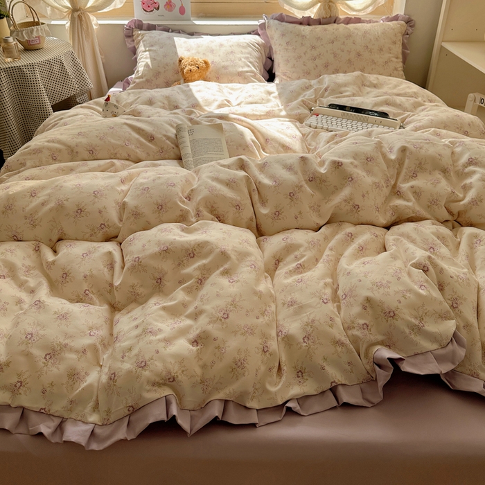 91家纺网 家纺一手货源 找家纺 韩巢家纺 2025新款针织双层纱花边款被套直播热销款四件套学生宿舍床单三件套-（提供卖家秀） 春意花开