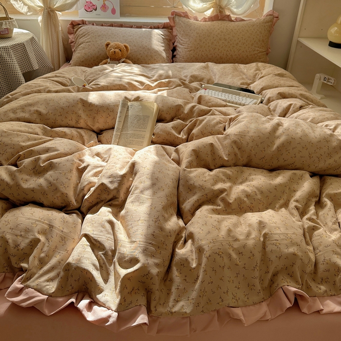 91家纺网 家纺一手货源 找家纺 韩巢家纺 2025新款针织双层纱花边款被套直播热销款四件套学生宿舍床单三件套-（提供卖家秀） 问秋棕