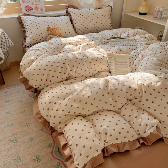 91家纺网 家纺一手货源 找家纺 （总）韩巢家纺 2025新款针织双层纱花边款被套直播热销款四件套学生宿舍床单三件套-（提供卖家秀）