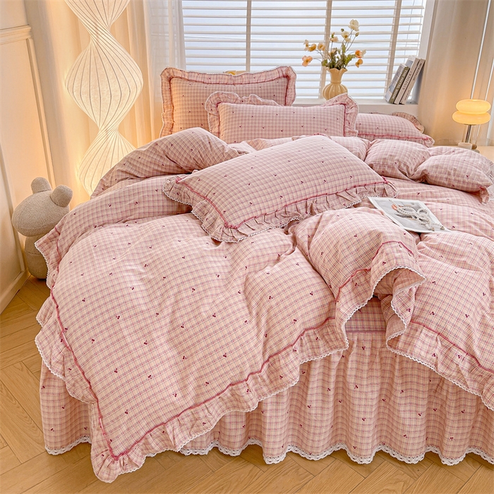 91家纺网 家纺一手货源 找家纺 缦彩 2025新款韩版公主风纯棉全棉床裙四件套 卡曼粉