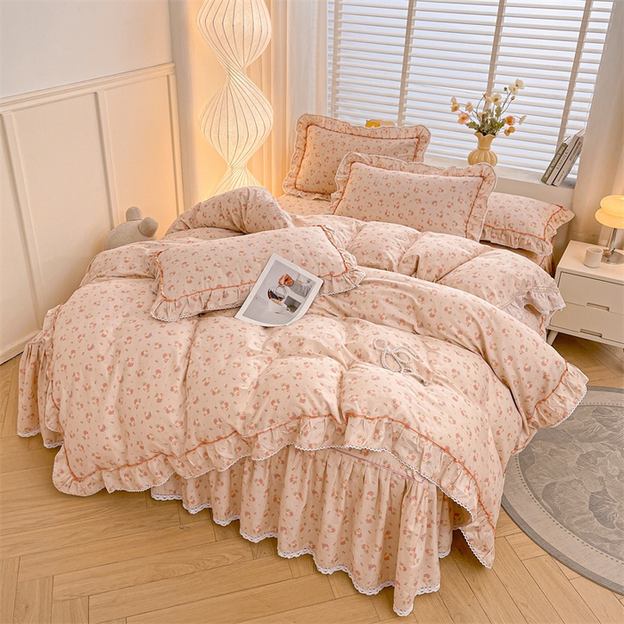 91家纺网 家纺一手货源 找家纺 缦彩 2025新款韩版公主风纯棉全棉床裙四件套 沫沫小姐桔