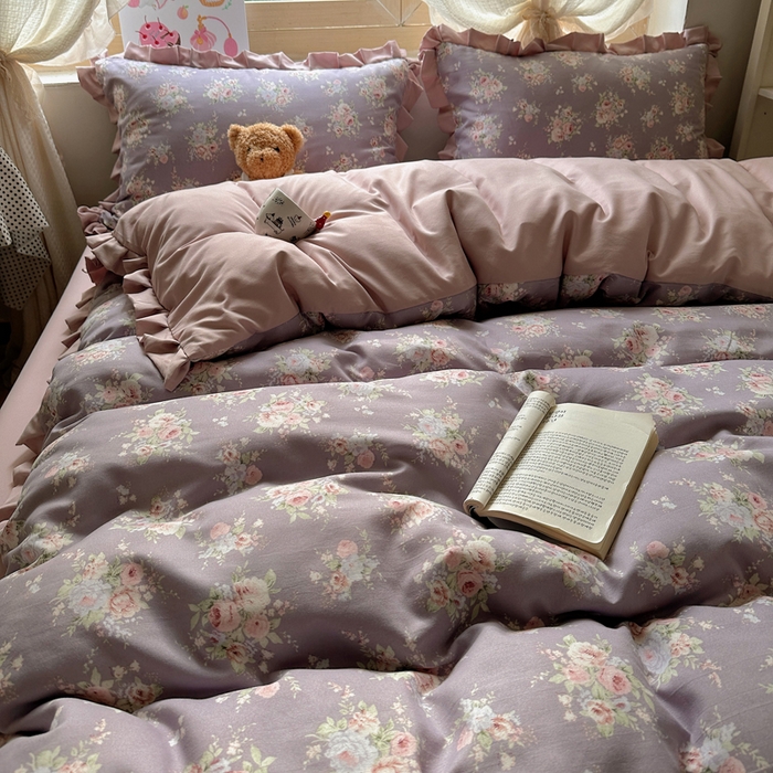 91家纺网 家纺一手货源 找家纺 韩巢家纺 2025新款针织双层纱花边款被套直播热销款四件套学生宿舍床单三件套-（提供卖家秀） 悠然紫