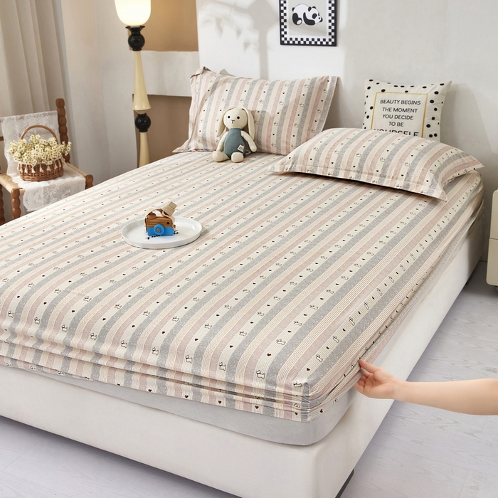 云玲时尚 2025春夏新款针织棉双层纱单床笠床笠单件 爱心条纹