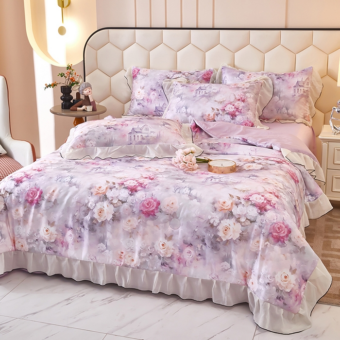 91家纺网 家纺一手货源 找家纺 凤杰家纺 2025新款玉锦缎夏被四件套 幻影紫