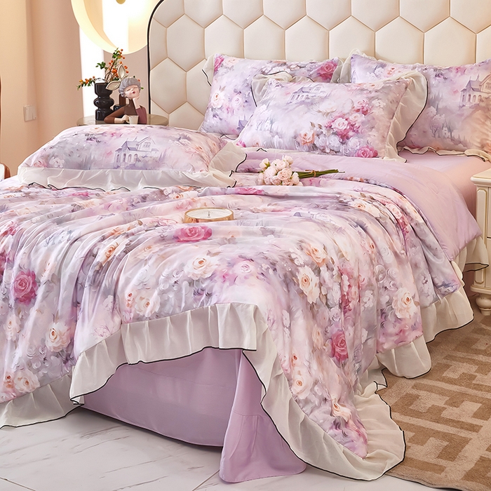 91家纺网 家纺一手货源 找家纺 凤杰家纺 2025新款玉锦缎夏被四件套 幻影紫