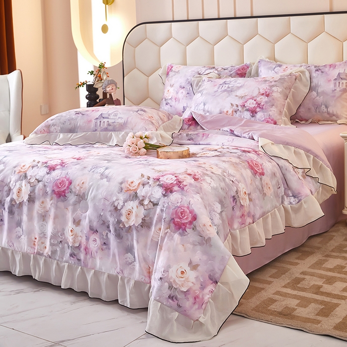 91家纺网 家纺一手货源 找家纺 凤杰家纺 2025新款玉锦缎夏被四件套 幻影紫