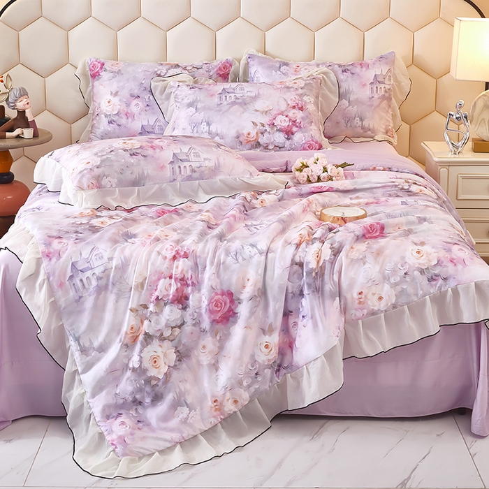 91家纺网 家纺一手货源 找家纺 凤杰家纺 2025新款玉锦缎夏被四件套 幻影紫