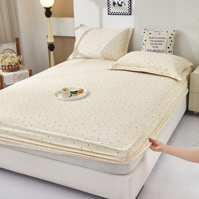 云玲时尚 2025春夏新款针织棉双层纱单床笠床笠单件 奶油波点-米