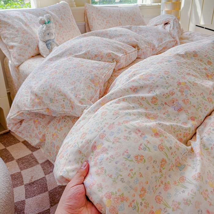 91家纺网 家纺一手货源 找家纺 感遇家纺2025新款全棉双层纱纤柔四件套 花开半夏