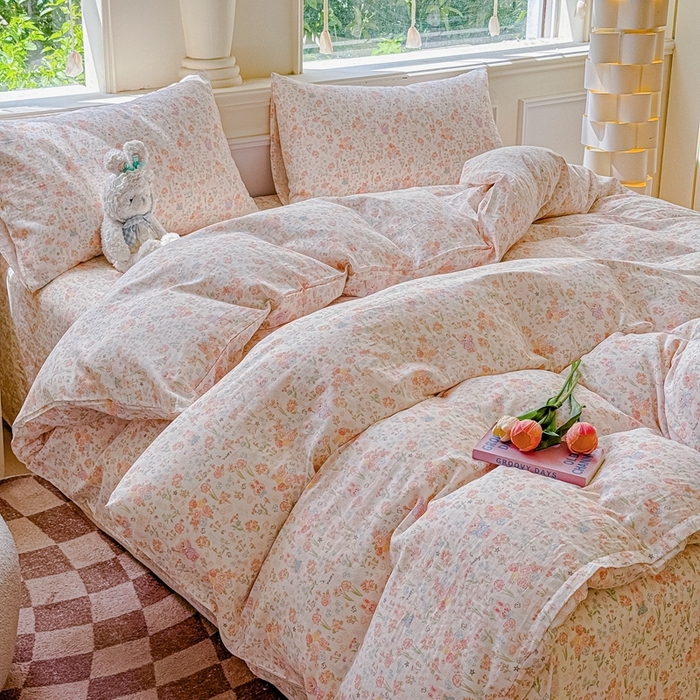 91家纺网 家纺一手货源 找家纺 感遇家纺2025新款全棉双层纱纤柔四件套 花开半夏