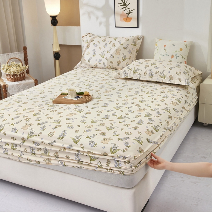 云玲时尚 2025春夏新款针织棉双层纱单床笠床笠单件 清茶