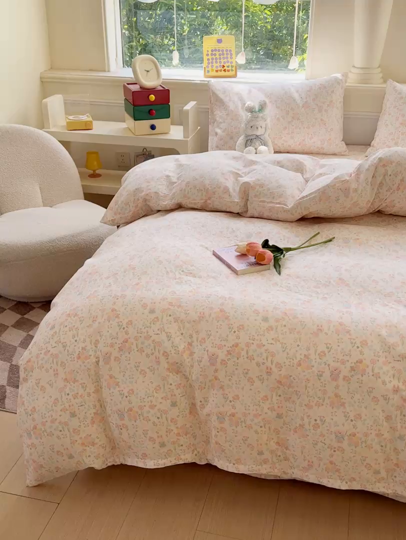 91家纺网 家纺一手货源 找家纺 感遇家纺2025新款全棉双层纱纤柔四件套 花开半夏