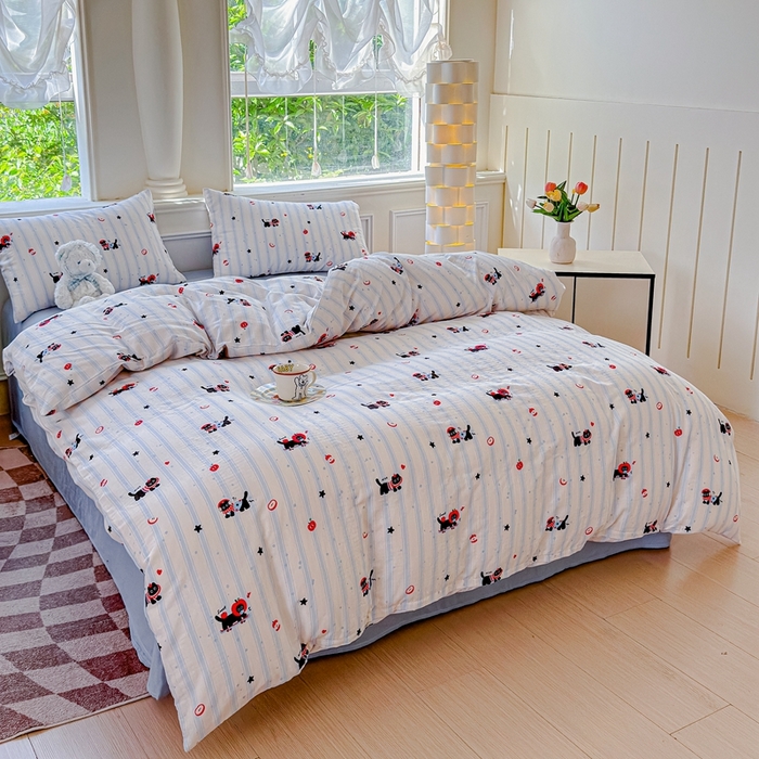 91家纺网 家纺一手货源 找家纺 感遇家纺2025新款全棉双层纱纤柔四件套 滑板小狗