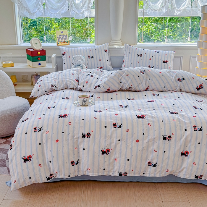 91家纺网 家纺一手货源 找家纺 感遇家纺2025新款全棉双层纱纤柔四件套 滑板小狗