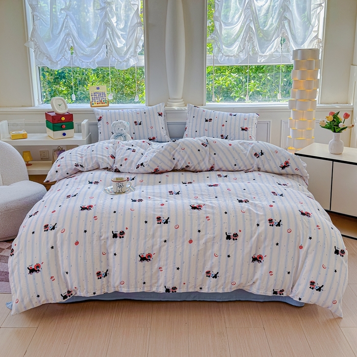 91家纺网 家纺一手货源 找家纺 感遇家纺2025新款全棉双层纱纤柔四件套 滑板小狗