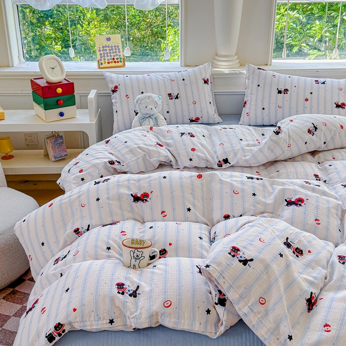 91家纺网 家纺一手货源 找家纺 感遇家纺2025新款全棉双层纱纤柔四件套 滑板小狗