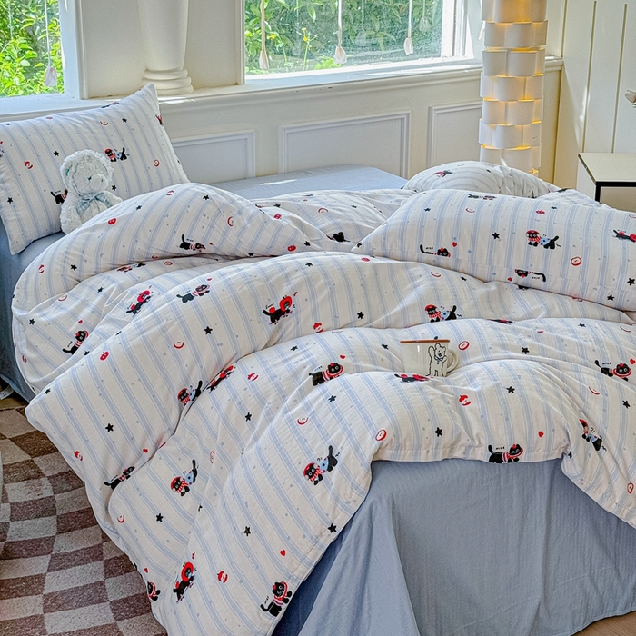 91家纺网 家纺一手货源 找家纺 感遇家纺2025新款全棉双层纱纤柔四件套 滑板小狗