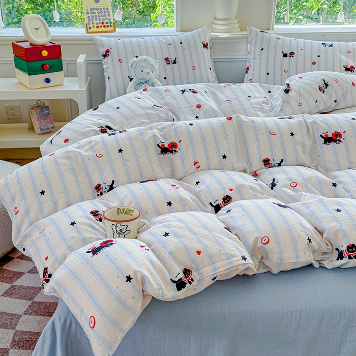 91家纺网 家纺一手货源 找家纺 感遇家纺2025新款全棉双层纱纤柔四件套 滑板小狗