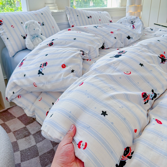 91家纺网 家纺一手货源 找家纺 感遇家纺2025新款全棉双层纱纤柔四件套 滑板小狗