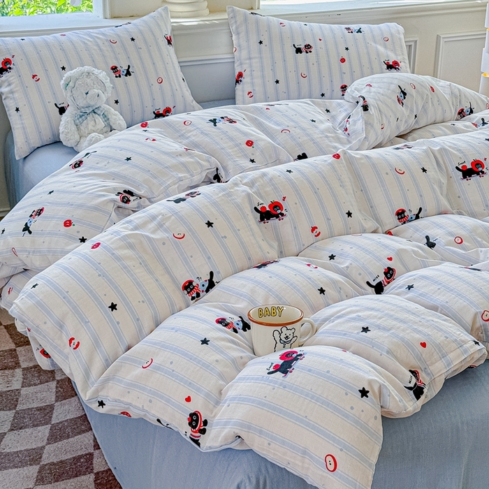 91家纺网 家纺一手货源 找家纺 感遇家纺2025新款全棉双层纱纤柔四件套 滑板小狗