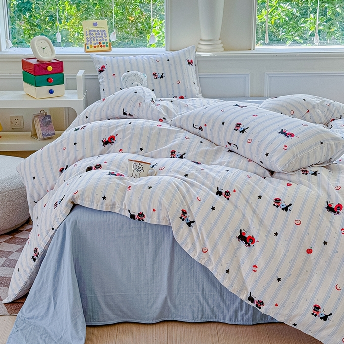 91家纺网 家纺一手货源 找家纺 感遇家纺2025新款全棉双层纱纤柔四件套 滑板小狗