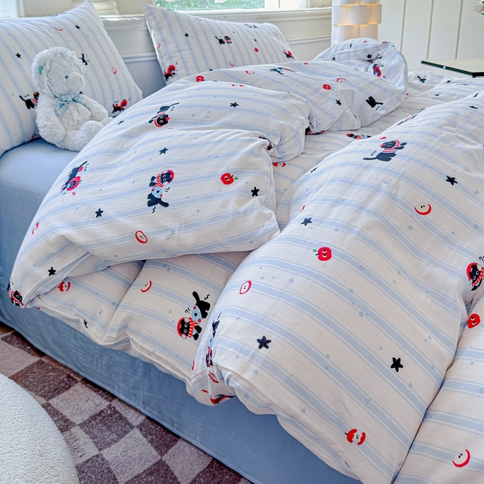 91家纺网 家纺一手货源 找家纺 感遇家纺2025新款全棉双层纱纤柔四件套 滑板小狗