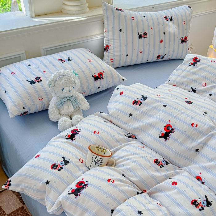 91家纺网 家纺一手货源 找家纺 感遇家纺2025新款全棉双层纱纤柔四件套 滑板小狗