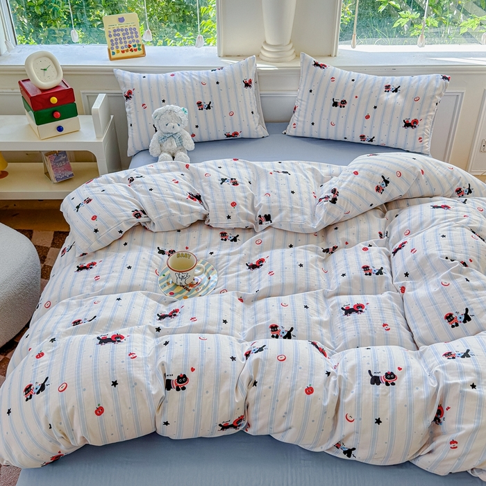 91家纺网 家纺一手货源 找家纺 感遇家纺2025新款全棉双层纱纤柔四件套 滑板小狗