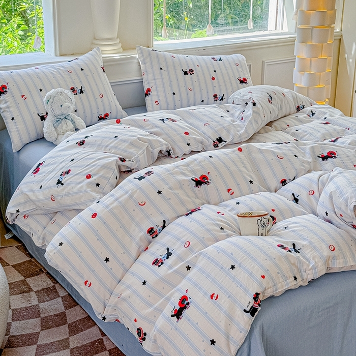 91家纺网 家纺一手货源 找家纺 感遇家纺2025新款全棉双层纱纤柔四件套 滑板小狗