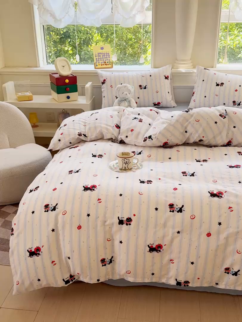 91家纺网 家纺一手货源 找家纺 感遇家纺2025新款全棉双层纱纤柔四件套 滑板小狗