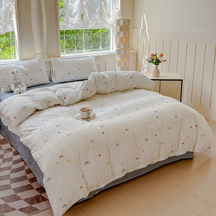 91家纺网 家纺一手货源 找家纺 感遇家纺2025新款全棉双层纱纤柔四件套 七彩虹