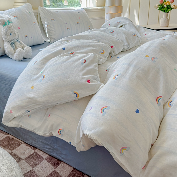 91家纺网 家纺一手货源 找家纺 感遇家纺2025新款全棉双层纱纤柔四件套 七彩虹