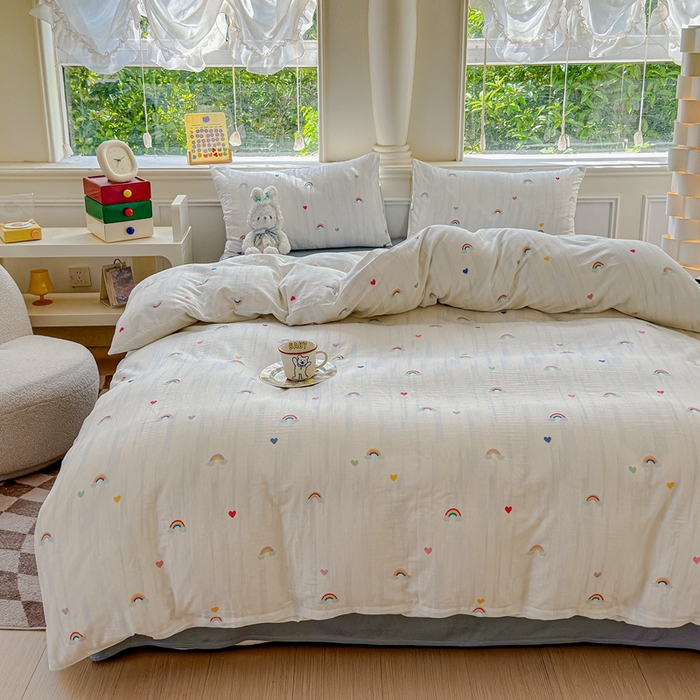 91家纺网 家纺一手货源 找家纺 感遇家纺2025新款全棉双层纱纤柔四件套 七彩虹