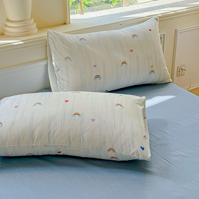 91家纺网 家纺一手货源 找家纺 感遇家纺2025新款全棉双层纱纤柔四件套 七彩虹